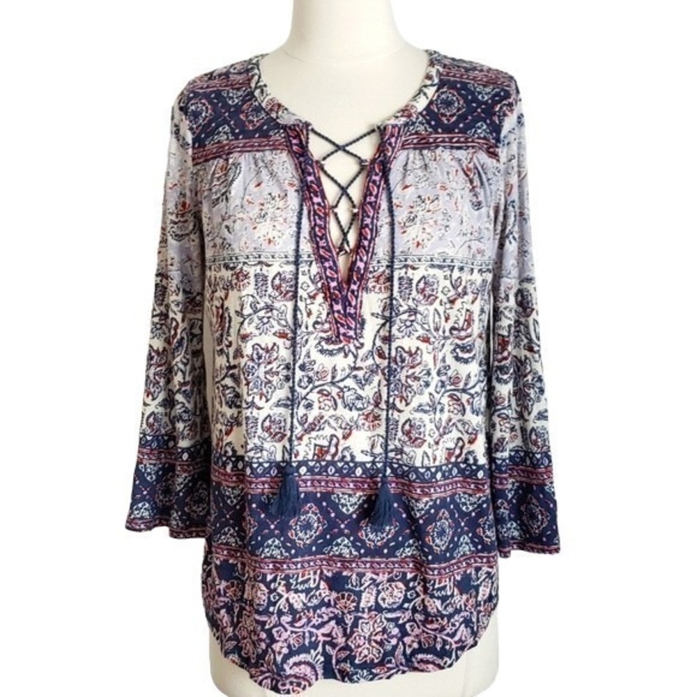 Lucky Brand Lace-Up Floral Blue & White Peasant Top- Small, S